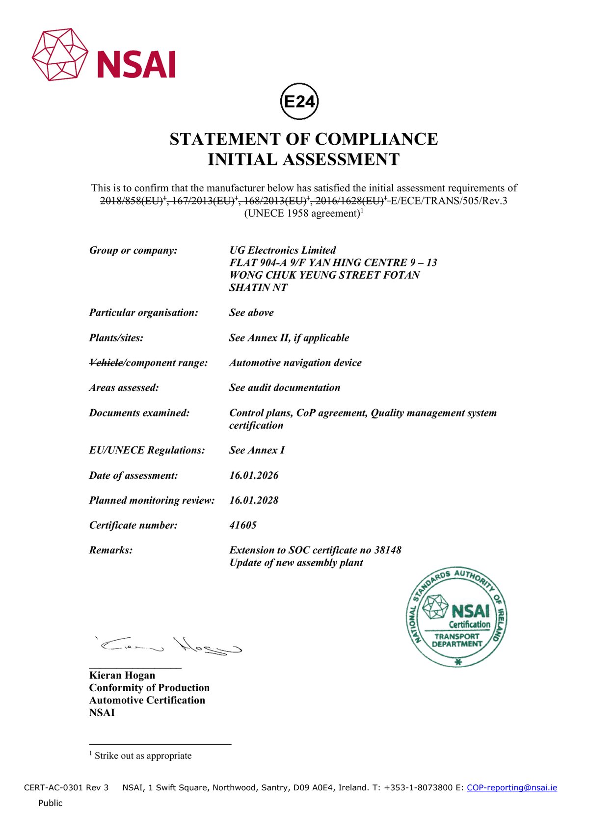 NSAI Statement of Compliance – Certifikát shody výroby č. 41605